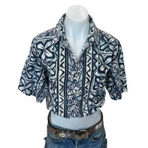 Hawaiian Shirt Blue Tropical Button Up Crop Top One Size Boxy Coconutgirl Unique